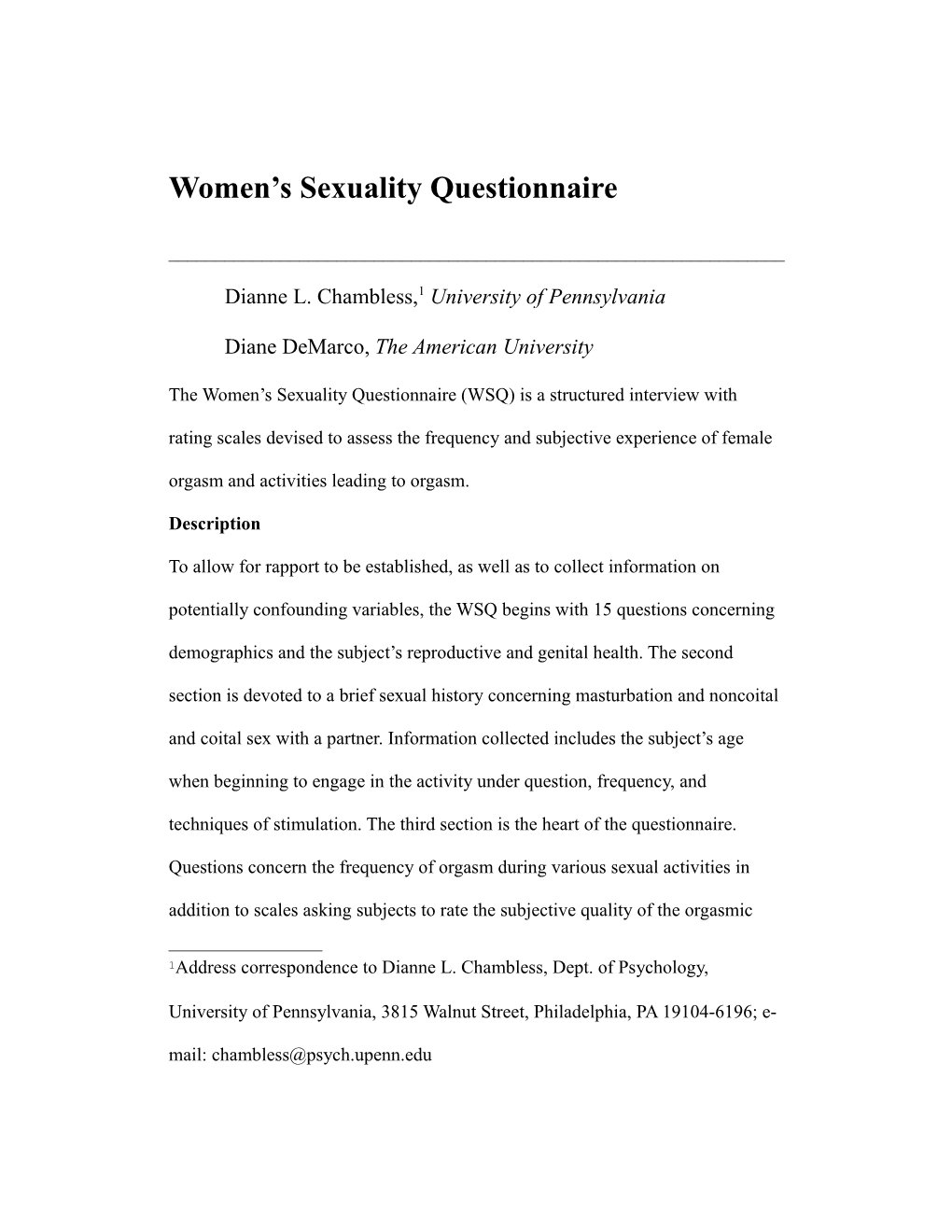 Women S Sexuality Questionnaire