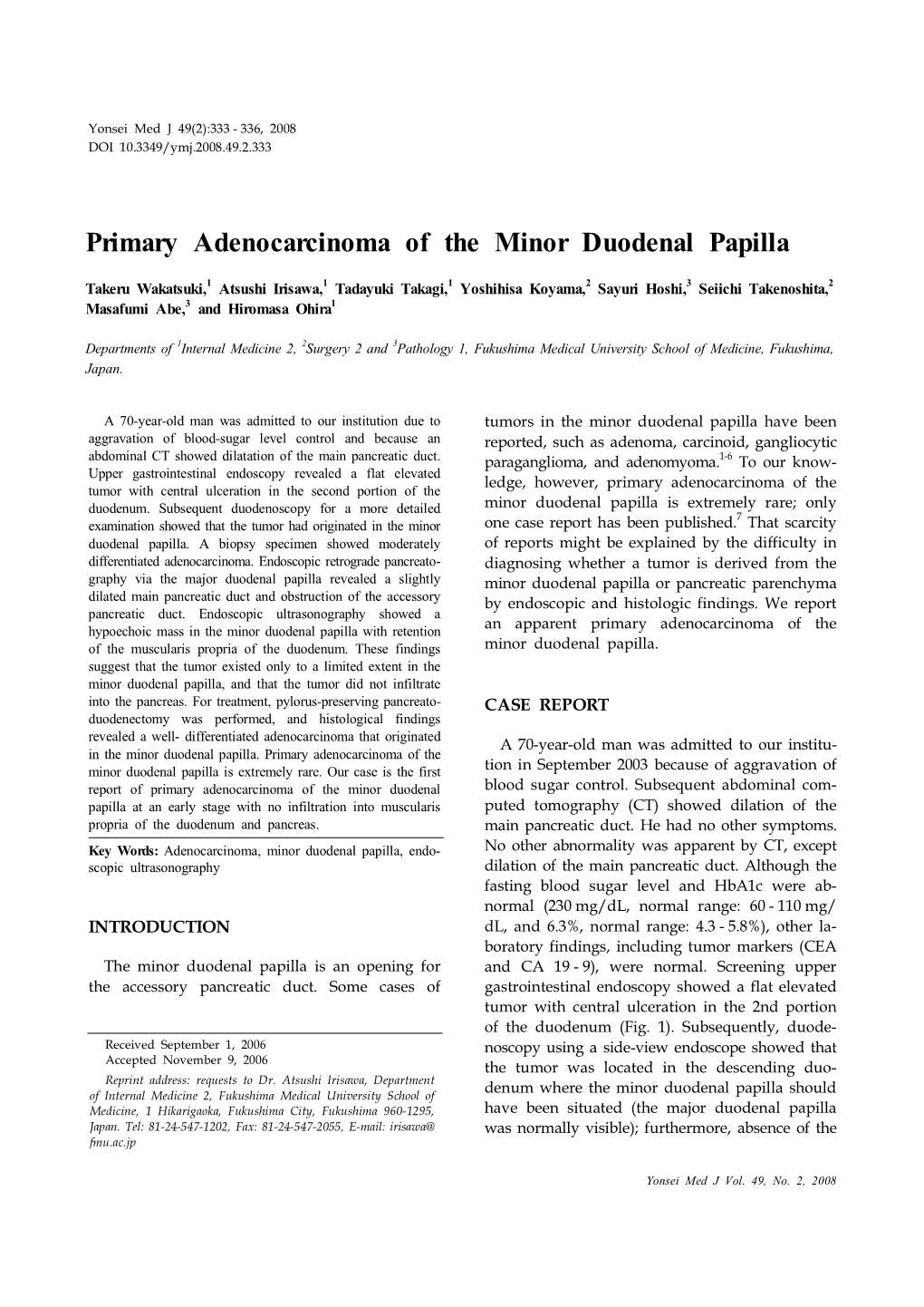 Primary Adenocarcinoma of the Minor Duodenal Papilla