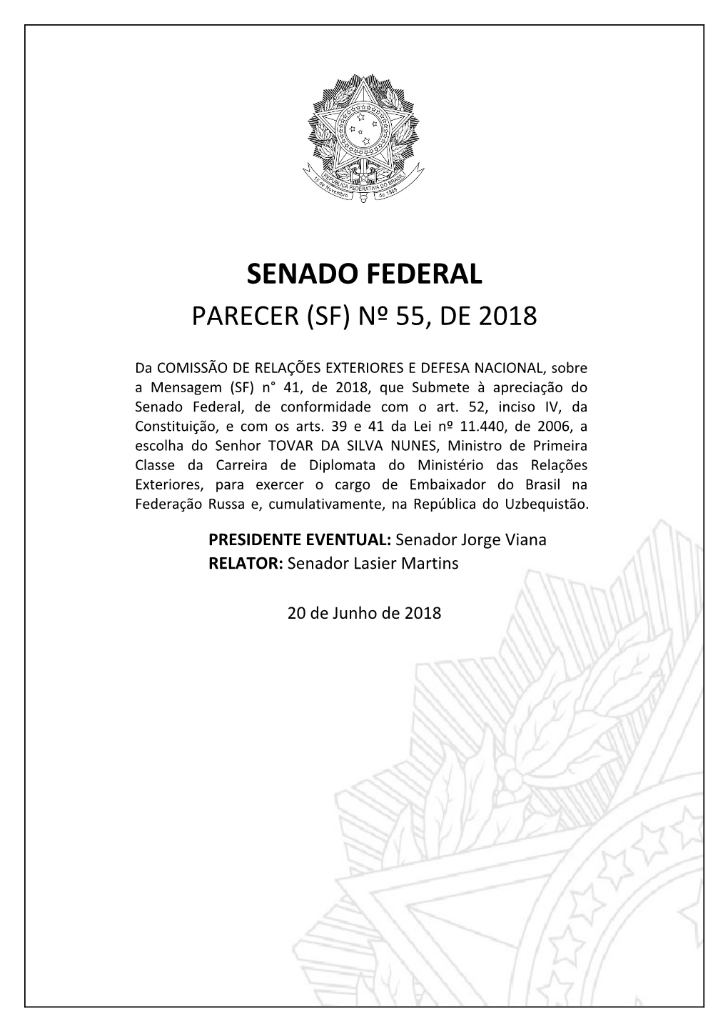 Senado Federal Parecer (Sf) Nº 55, De 2018