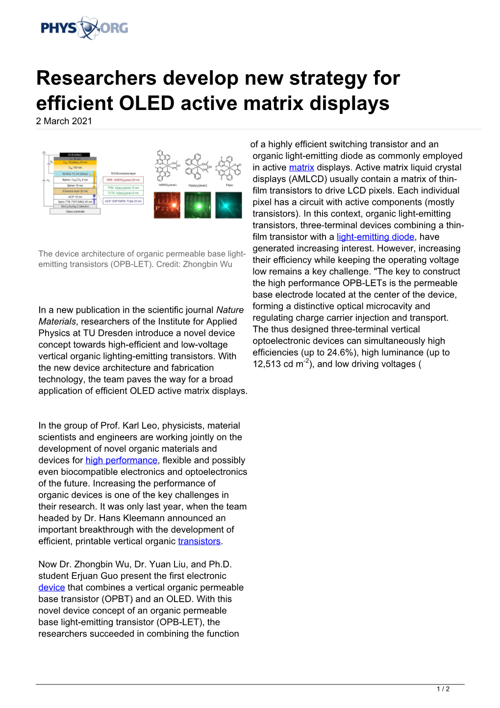 Researchers Develop New Strategy for Efficient OLED Active Matrix Displays 2 March 2021