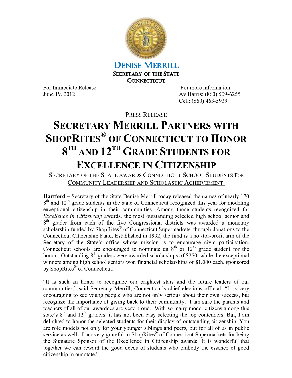 Secretary Merrill Partners with Shoprites of Connecticut to Honor