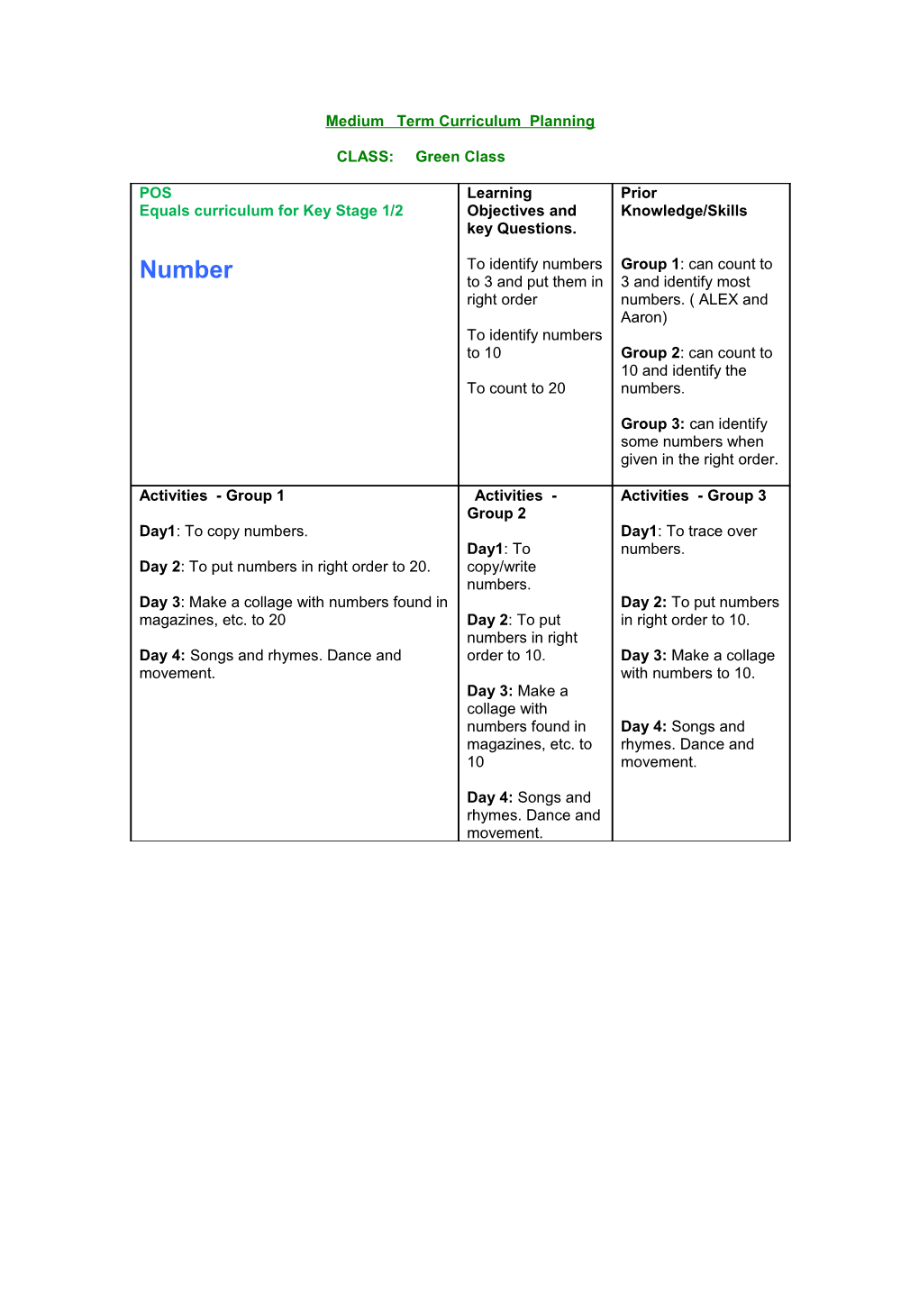 Medium Term Curriculum Planning