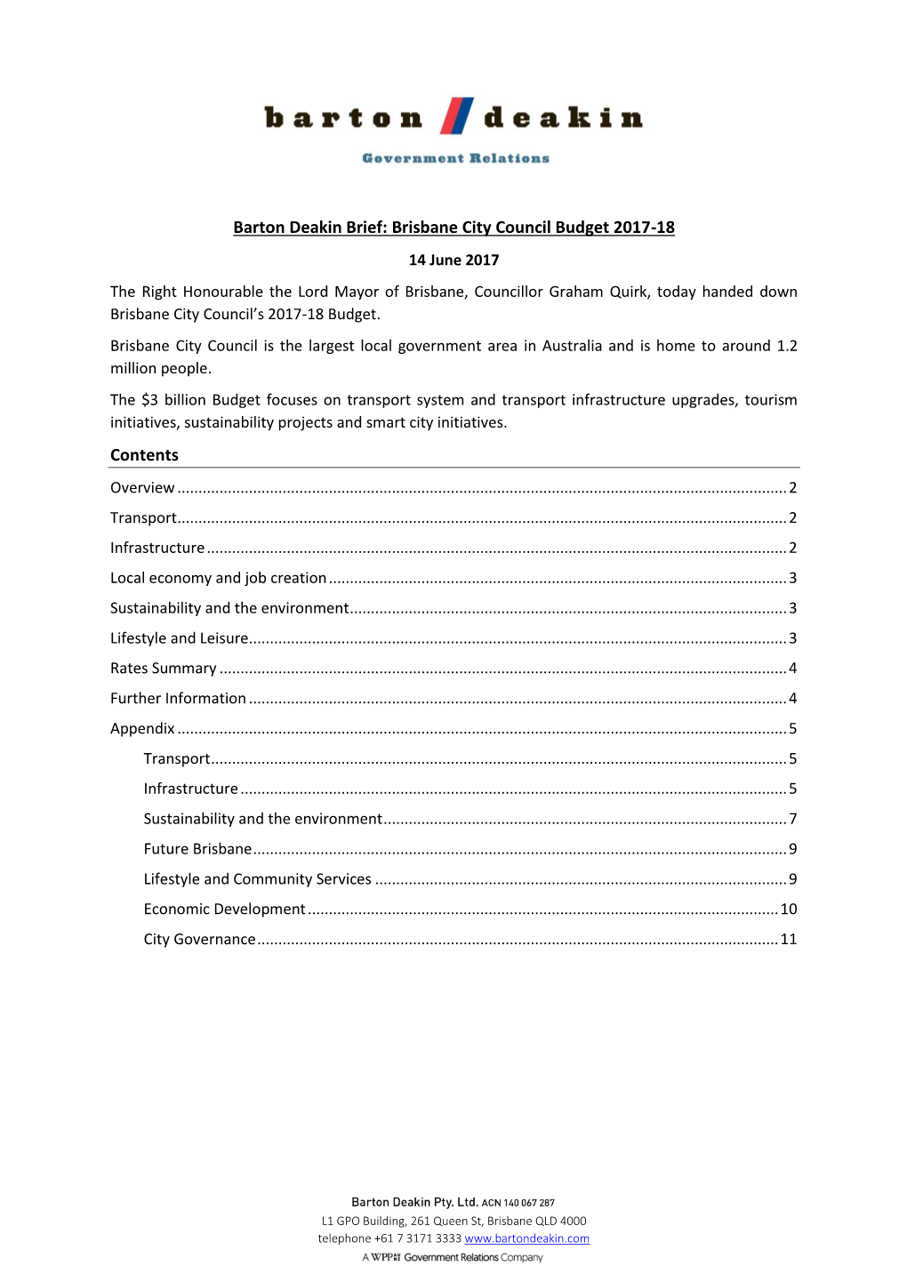 Brisbane City Council Budget 2017-18 Contents