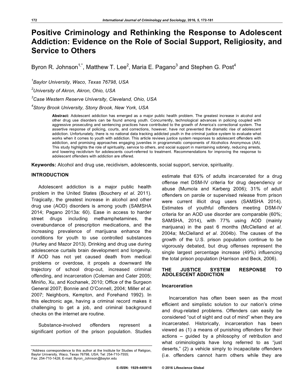 Positive Criminology and Rethinking the Response to Adolescent Addiction: Evidence on the Role of Social Support, Religiosity, and Service to Others