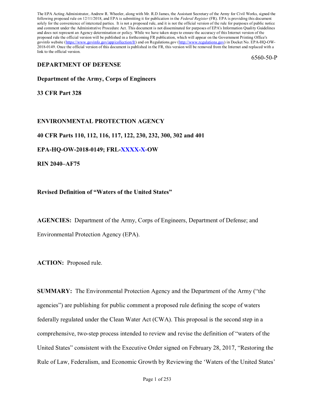 Proposed Rule on 12/11/2018, and EPA Is Submitting It for Publication in the Federal Register (FR)