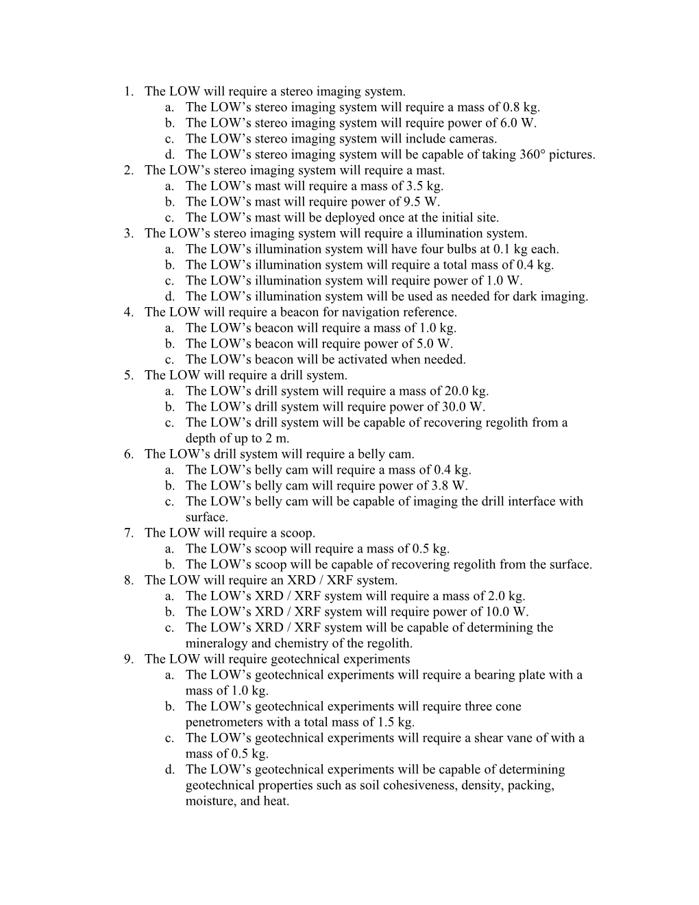 Payload Level II Requirements