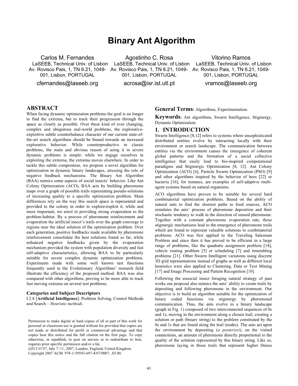 Binary Ant Algorithm