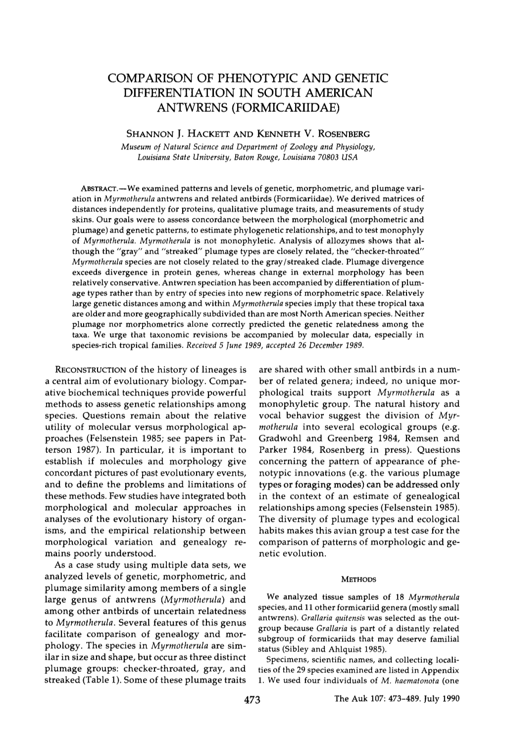 Comparison of Phenotypic and Genetic Differentiation in South American Antwrens (Formicariidae)