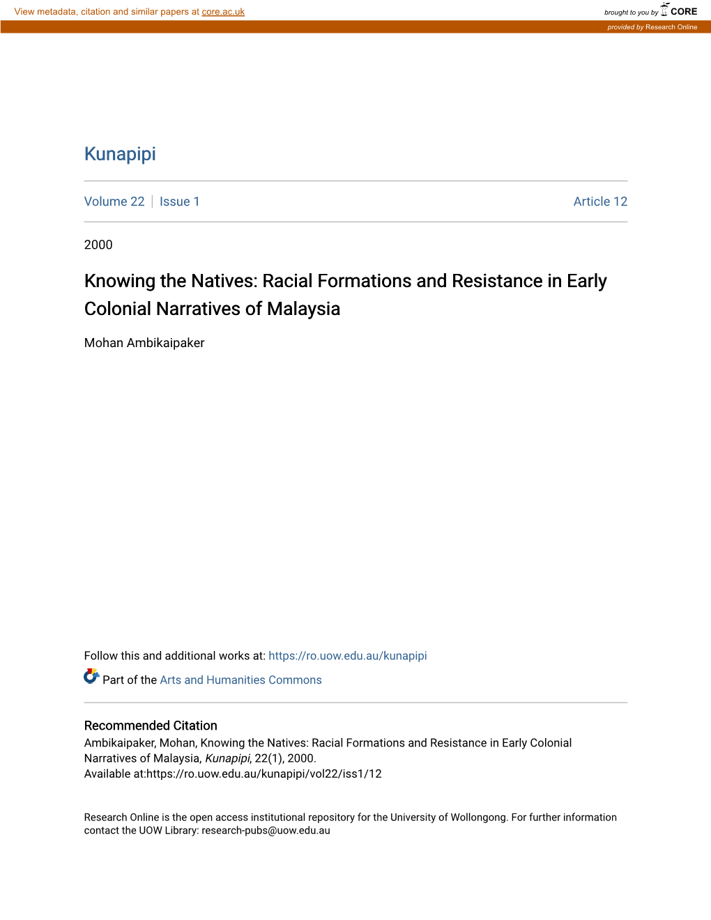 Knowing the Natives: Racial Formations and Resistance in Early Colonial Narratives of Malaysia