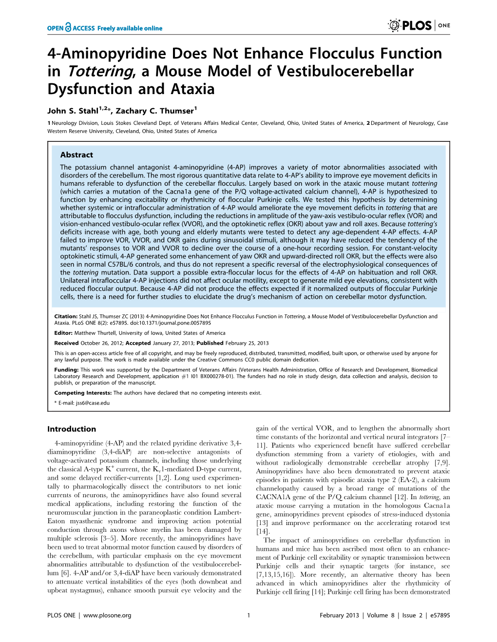 4-Aminopyridine Does Not Enhance Flocculus Function in Tottering, a Mouse Model of Vestibulocerebellar Dysfunction and Ataxia