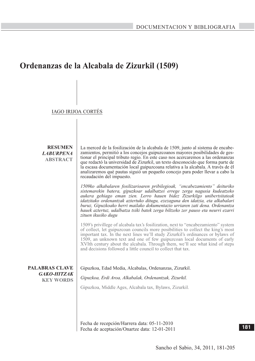 Ordenanzas De La Alcabala De Zizurkil (1509)