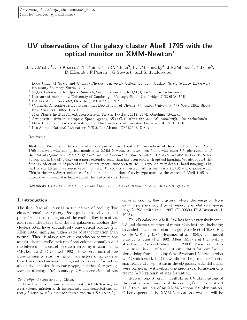 UV Observations of the Galaxy Cluster Abell 1795 With