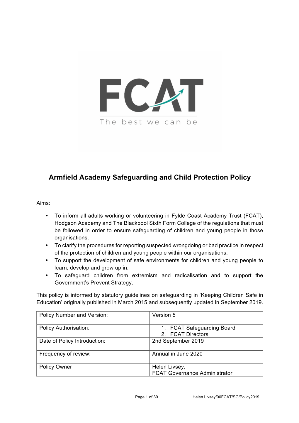 Armfield Academy Safeguarding and Child Protection Policy