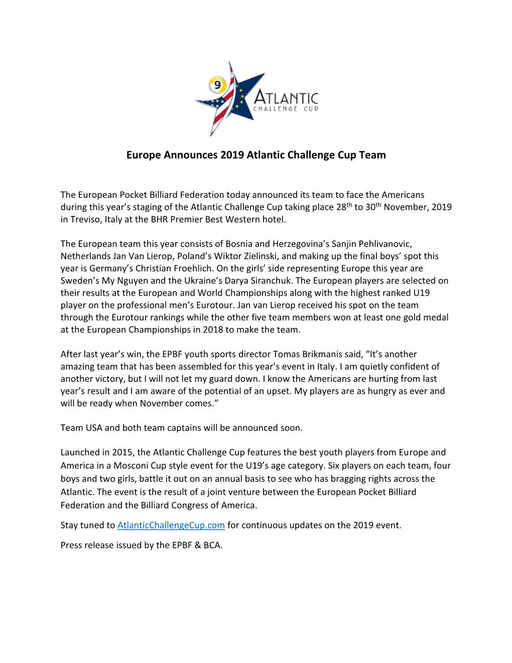 Europe Announces 2019 Atlantic Challenge Cup Team