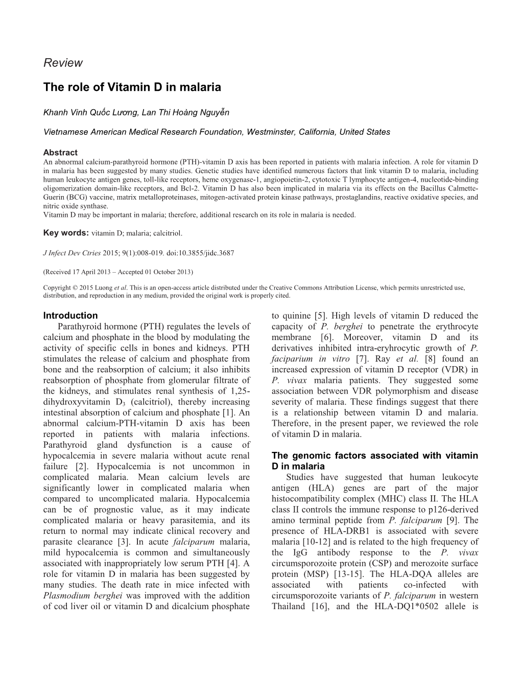 Review the Role of Vitamin D in Malaria