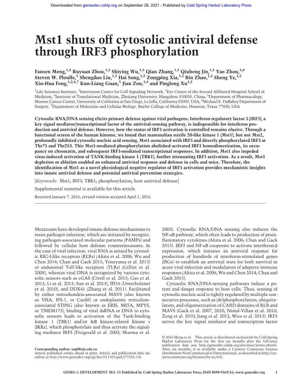 Mst1 Shuts Off Cytosolic Antiviral Defense Through IRF3 Phosphorylation