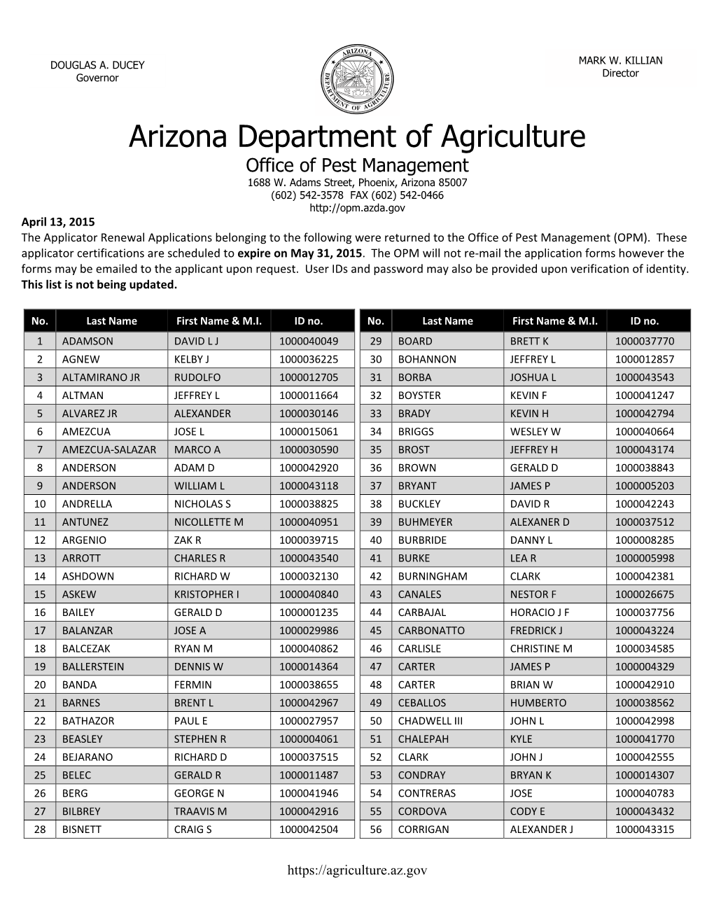 Arizona Department of Agriculture Office of Pest Management 1688 W
