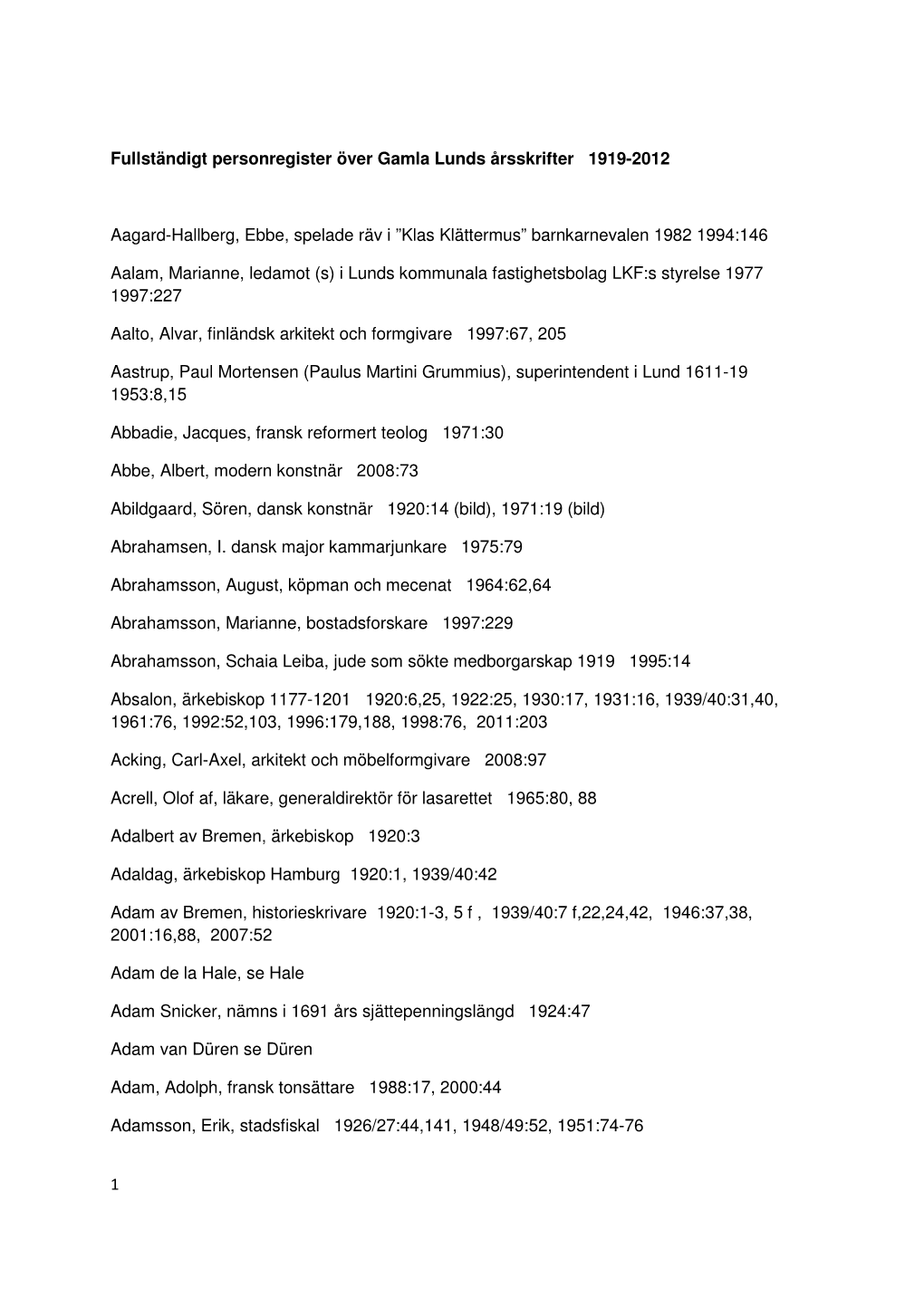 Fullständigt Personregister Över Gamla Lunds Årsskrifter 1919-2012