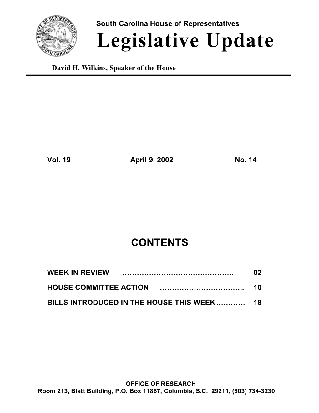 Legislative Update - Vol. 19 No. 14 April 9, 2002 - South Carolina Legislature Online