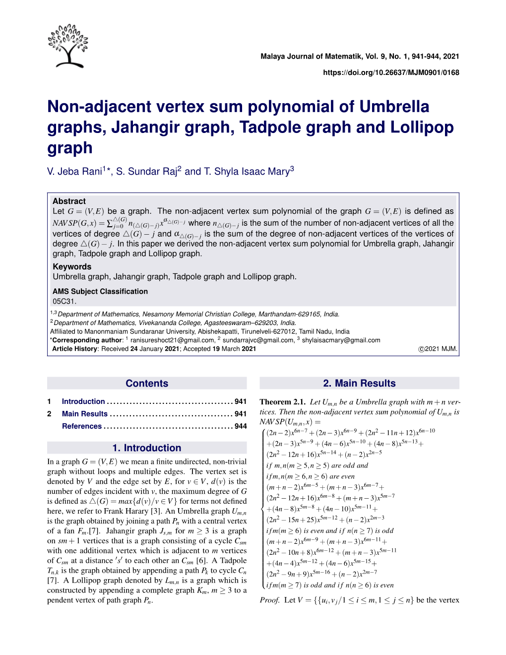 Non-Adjacent Vertex Sum Polynomial of Umbrella Graphs, Jahangir Graph, Tadpole Graph and Lollipop Graph