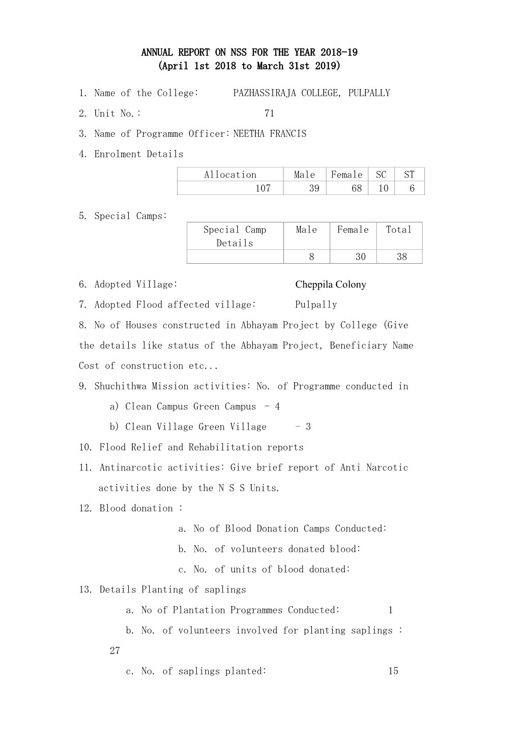 ANNUAL REPORT on NSS for the YEAR 2018-19 (April 1St 2018 to March 31St 2019)