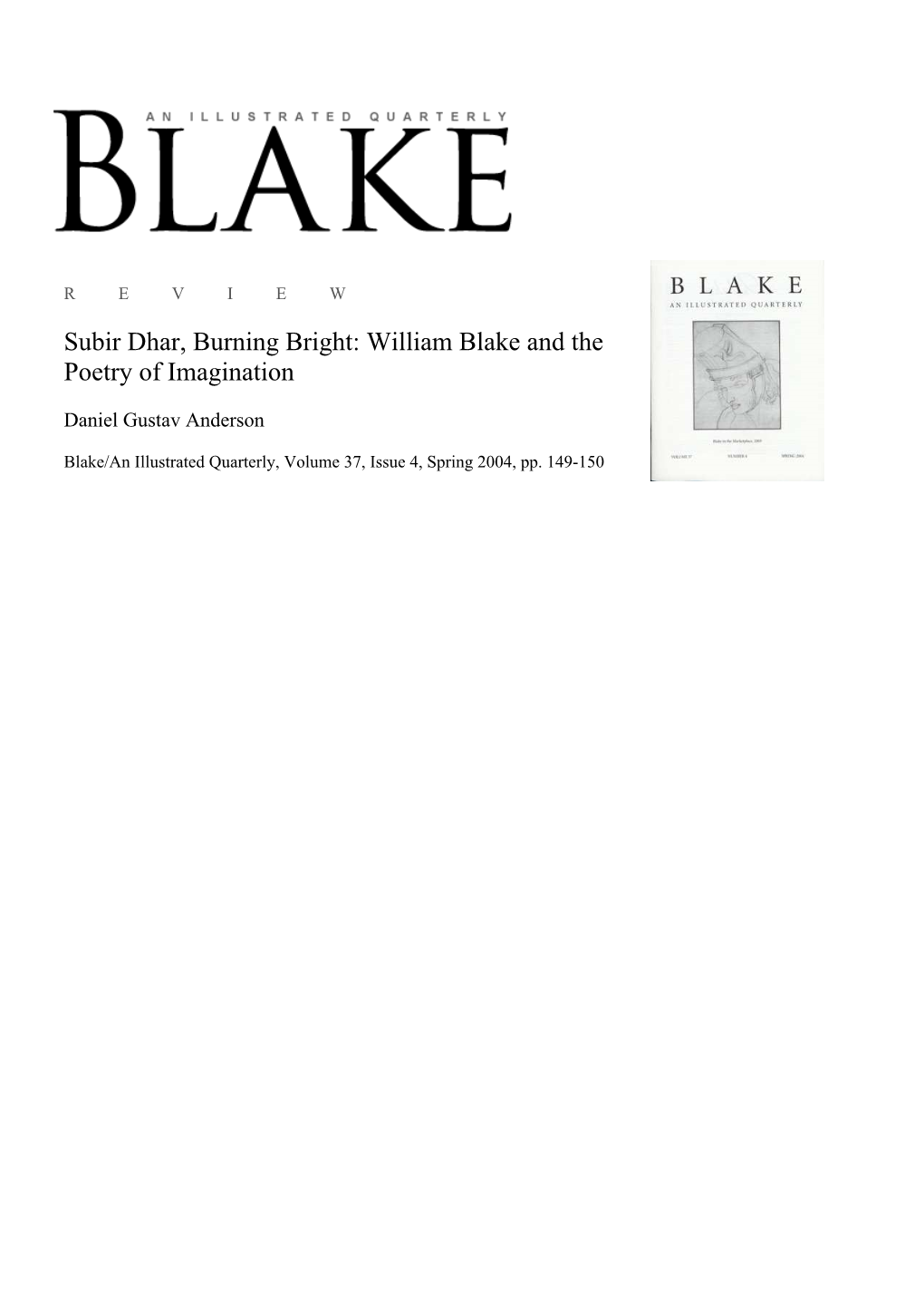 Subir Dhar, Burning Bright: William Blake and the Poetry of Imagination
