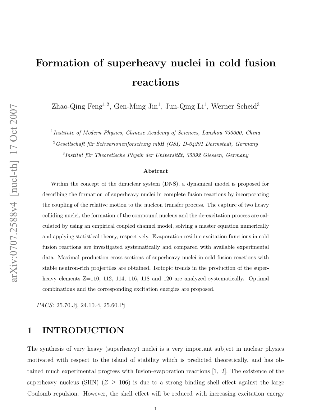 17 Oct 2007 Formation of Superheavy Nuclei in Cold Fusion Reactions