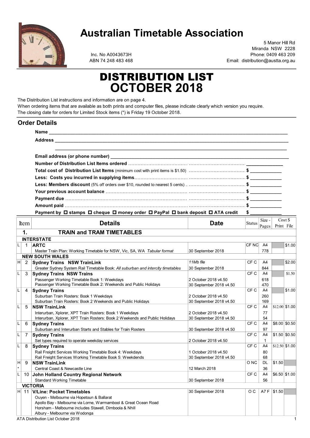 OCTOBER 2018 the Distribution List Instructions and Information Are on Page 4
