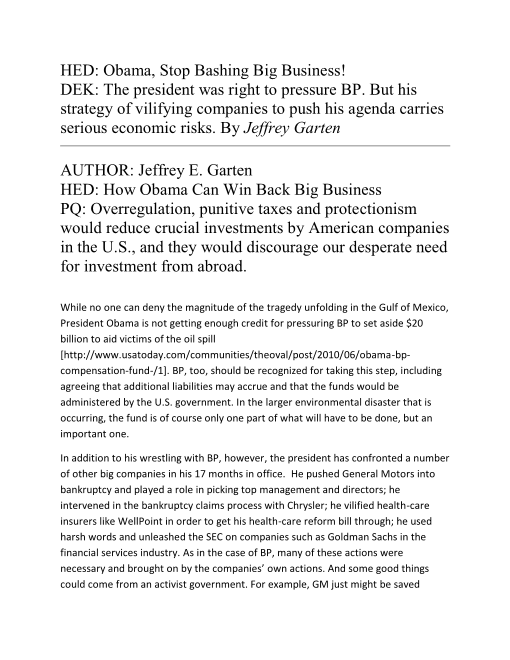 Stop Bashing Big Business! DEK: the President Was Right to Pressure BP