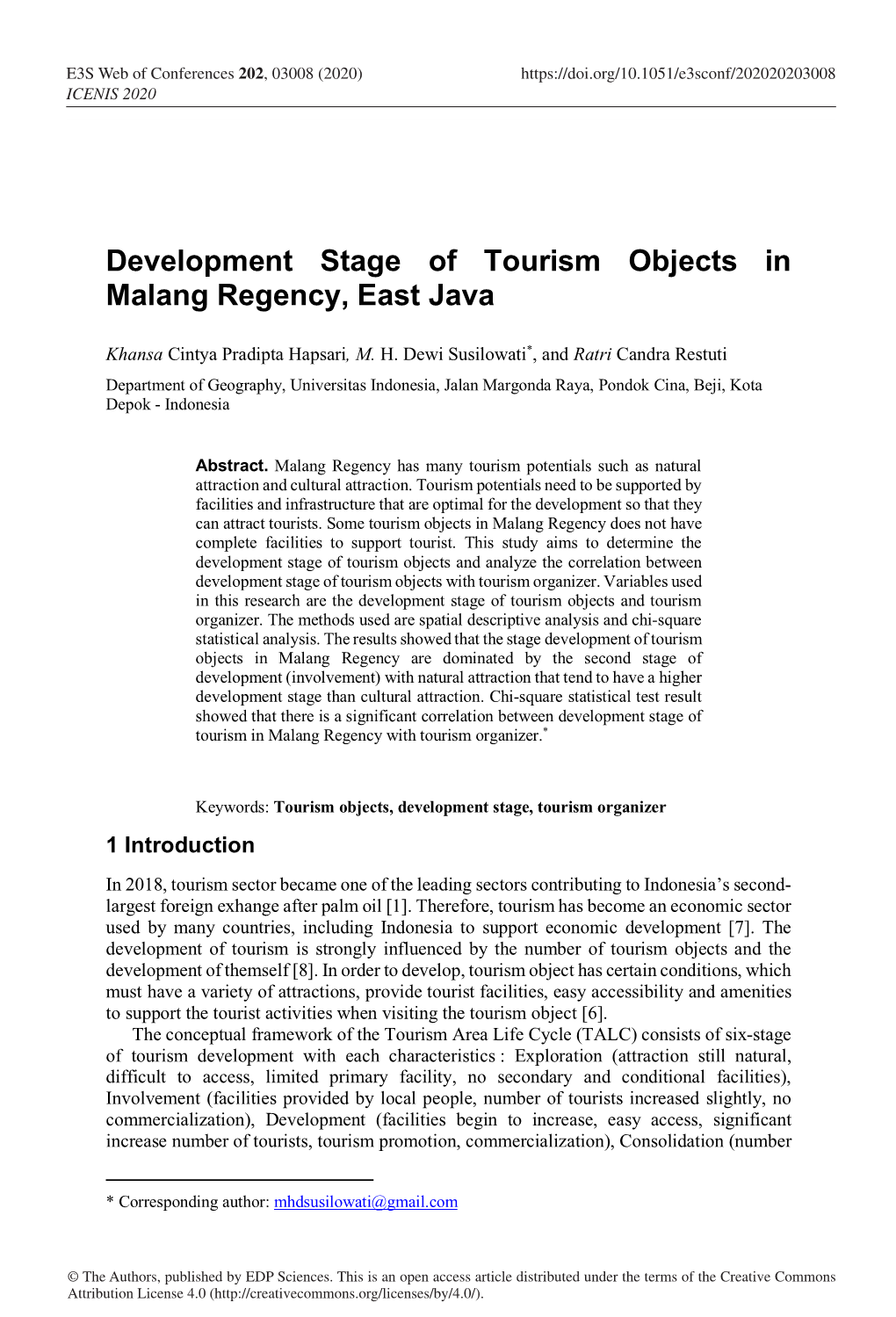 Development Stage of Tourism Objects in Malang Regency, East Java