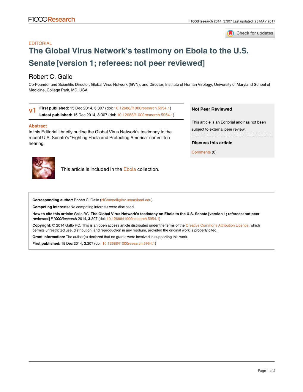 The Global Virus Network's Testimony on Ebola to the U.S. Senate[Version