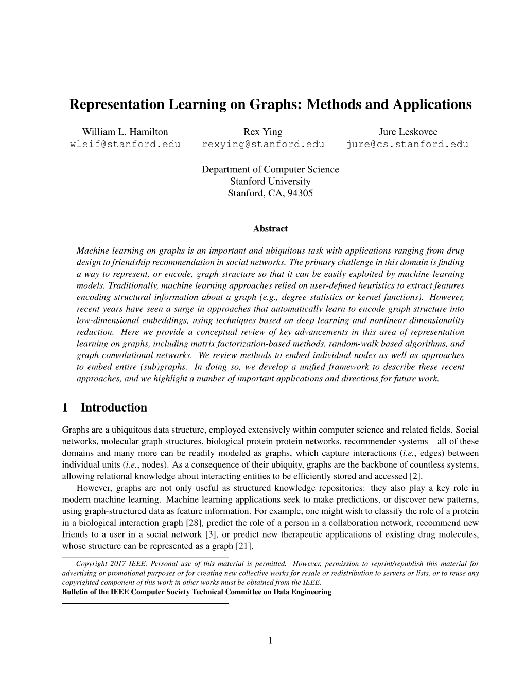 Representation Learning on Graphs: Methods and Applications