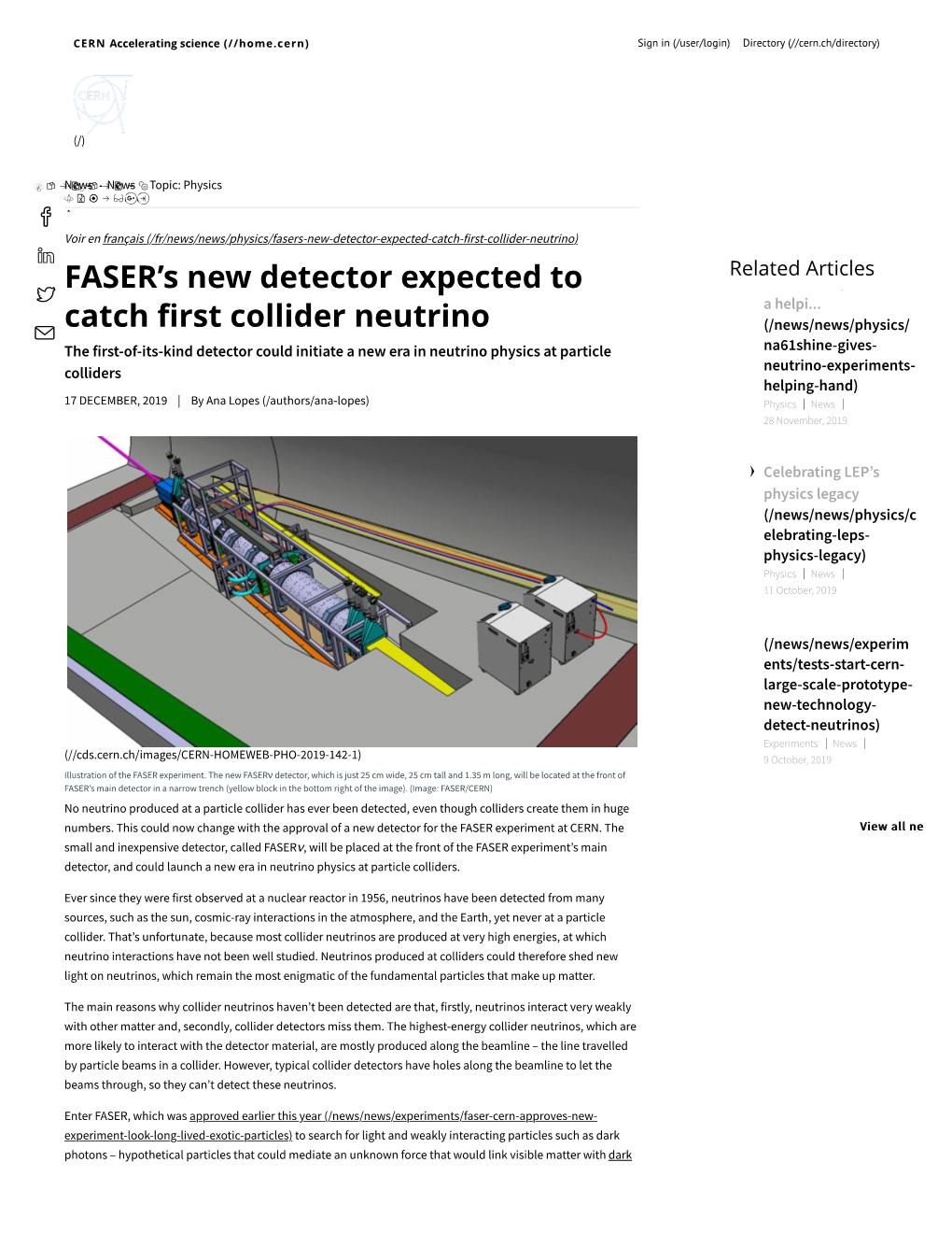 FASER's New Detector Expected to Catch First Collider Neutrino | CERN