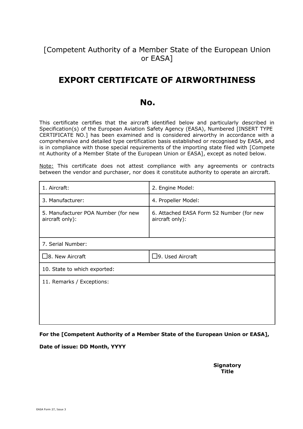 Export Certificate of Airworthiness