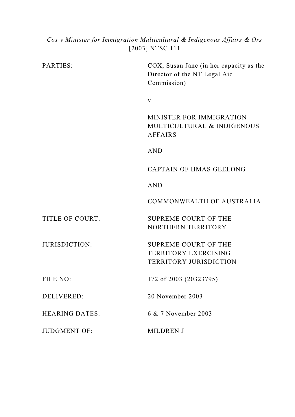 Cox V Minister for Immigration Multicultural & Indigenous Affairs