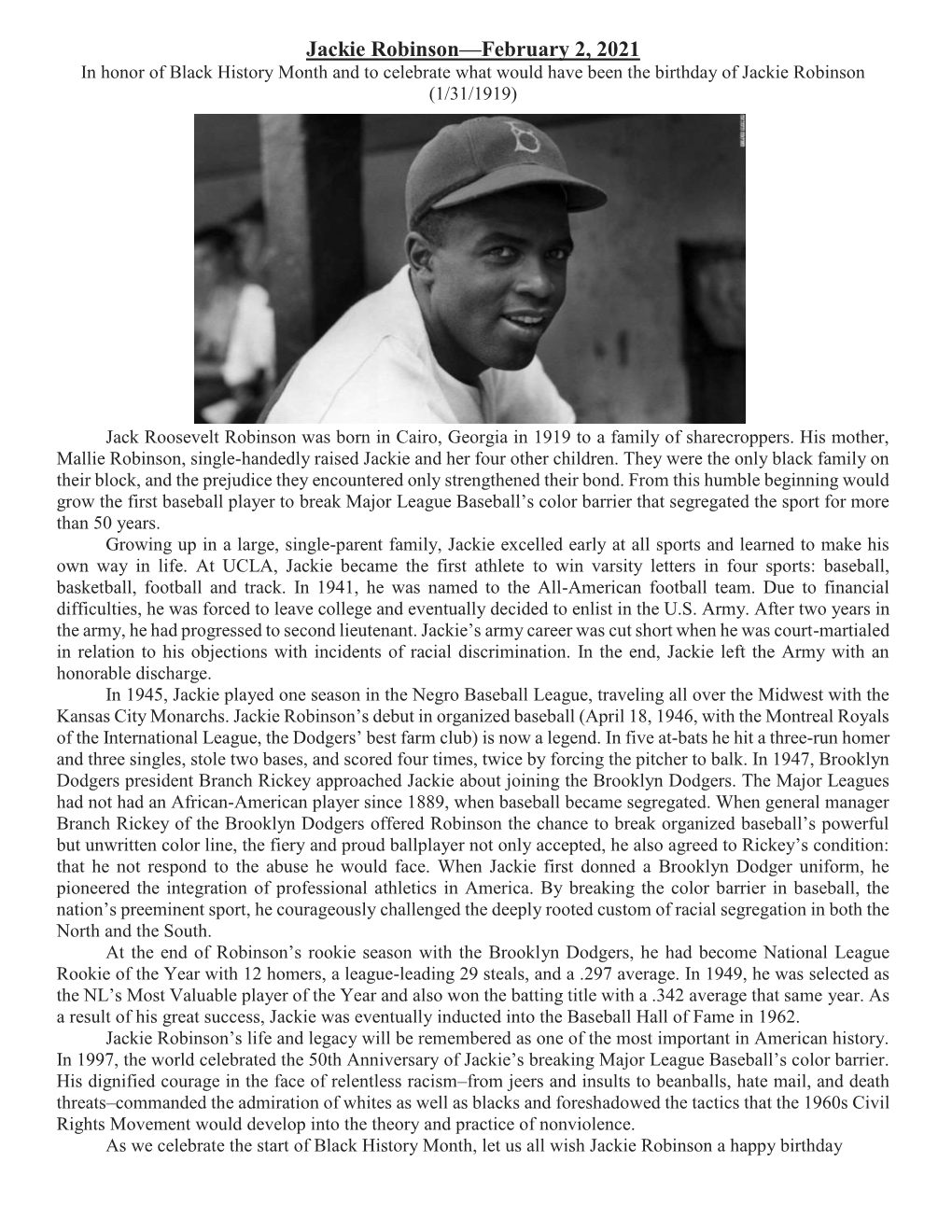 Jackie Robinson—February 2, 2021 in Honor of Black History Month and to Celebrate What Would Have Been the Birthday of Jackie Robinson (1/31/1919)