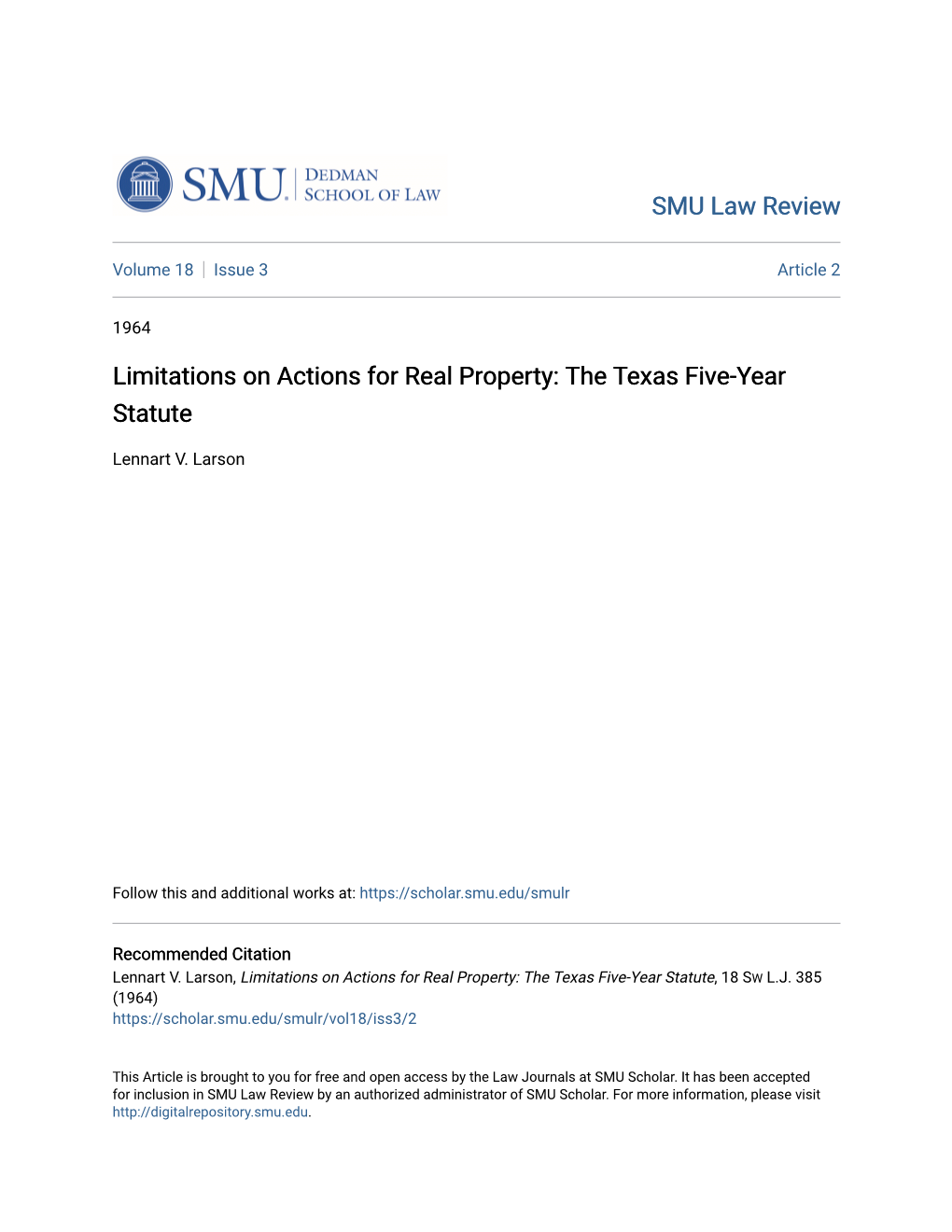 Limitations on Actions for Real Property: the Texas Five-Year Statute