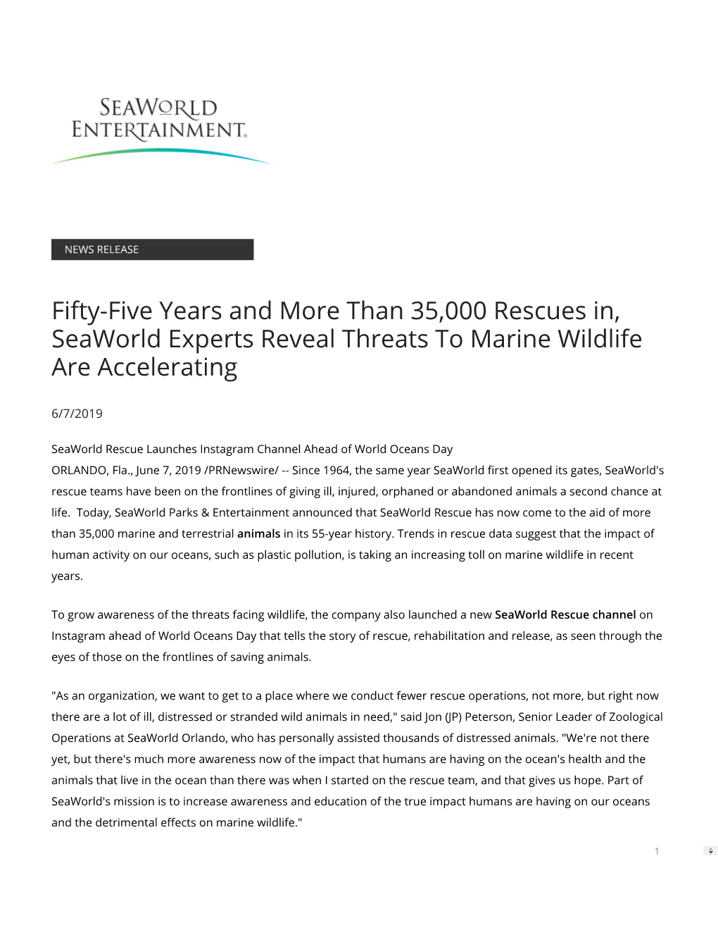 Fifty-Five Years and More Than 35,000 Rescues In, Seaworld Experts Reveal Threats to Marine Wildlife Are Accelerating