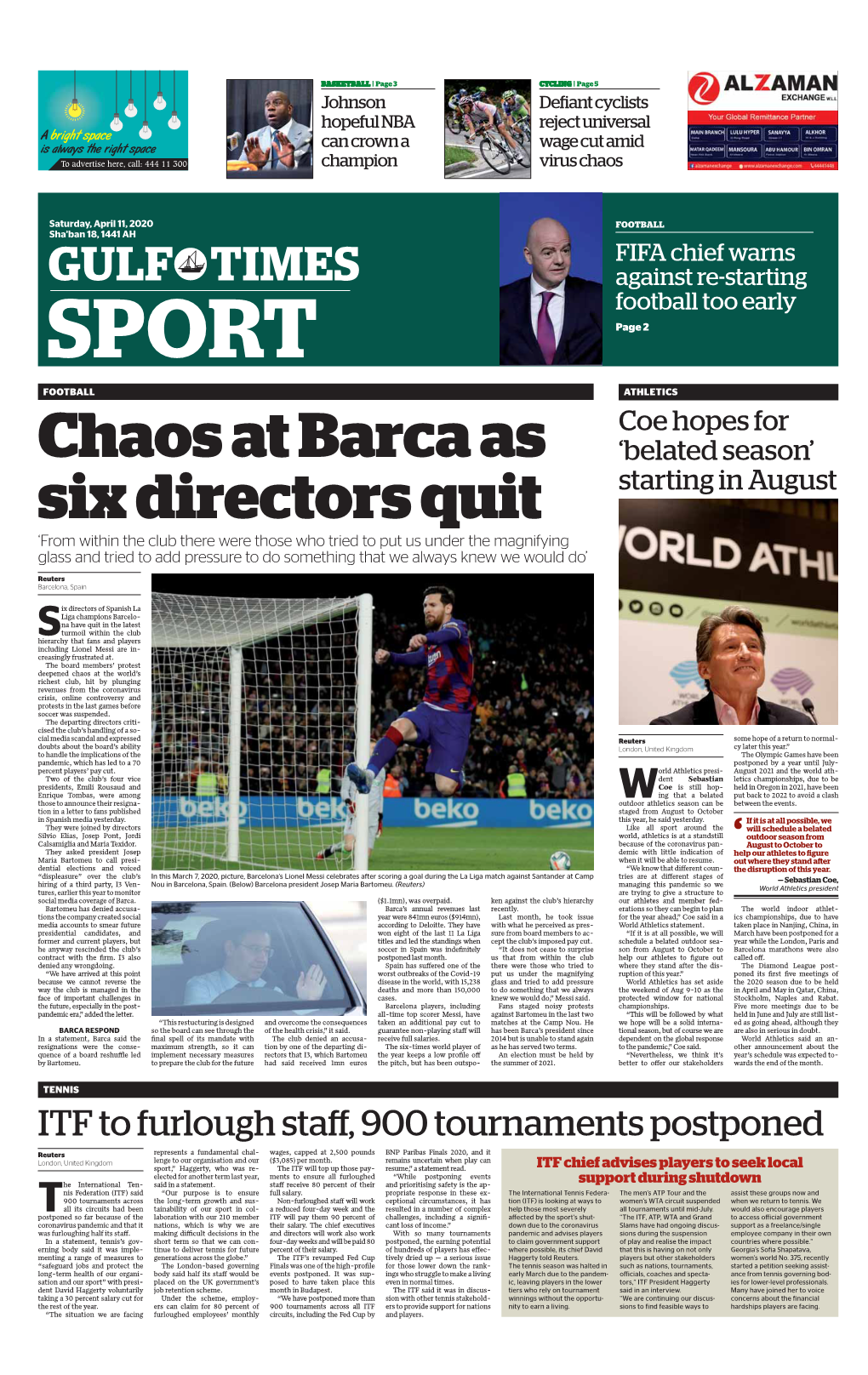 FIFA Chief Warns GULF TIMES Against Re-Starting Football Too Early SPORT Page 2