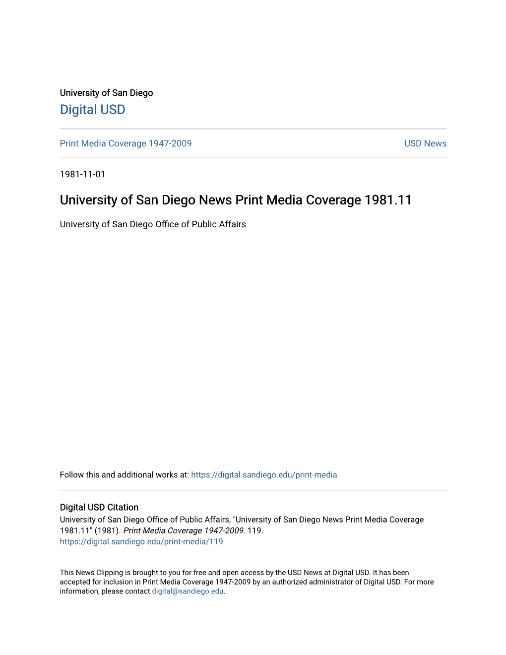 University of San Diego News Print Media Coverage 1981.11