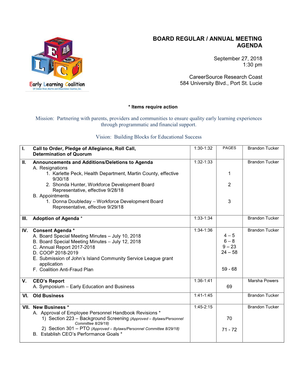 Board Regular / Annual Meeting Agenda