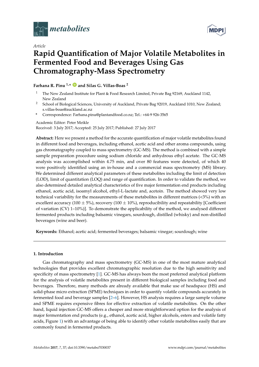 Rapid Quantification of Major Volatile Metabolites in Fermented Food And