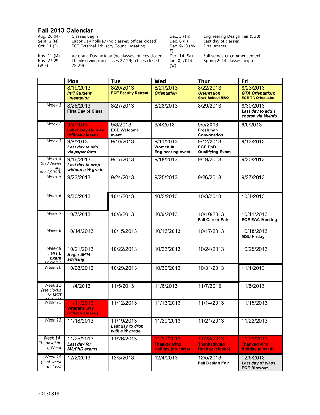 Fall 2013 Calendar