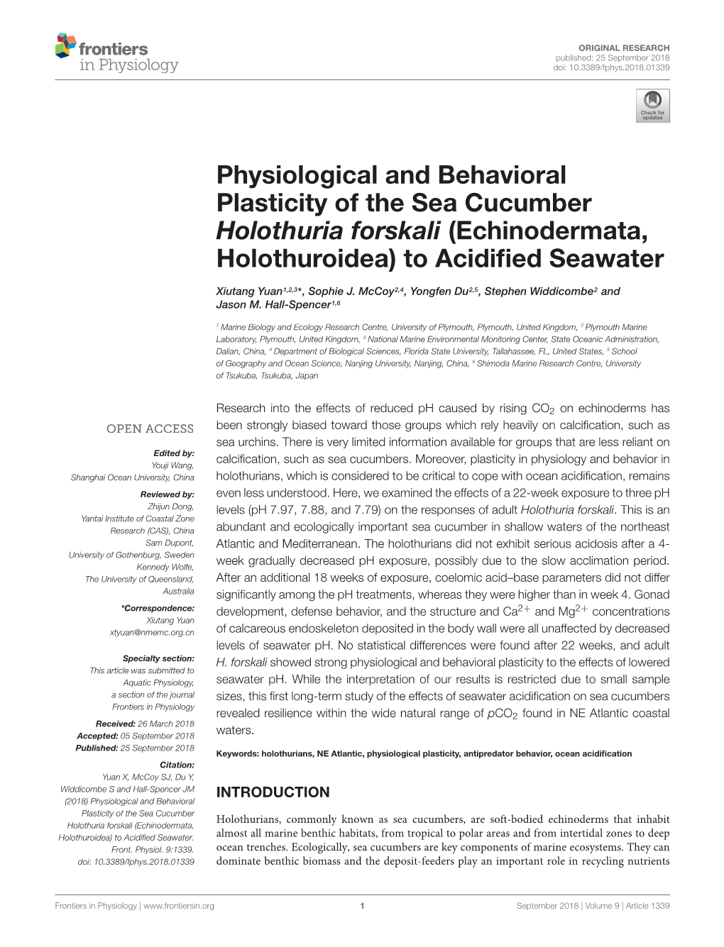 Physiological and Behavioral Plasticity of the Sea Cucumber Holothuria Forskali (Echinodermata, Holothuroidea) to Acidiﬁed Seawater
