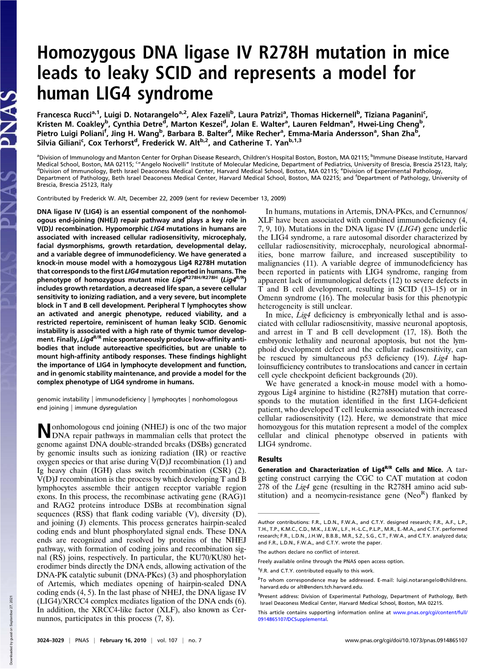 Homozygous DNA Ligase IV R278H Mutation in Mice Leads to Leaky SCID and Represents a Model for Human LIG4 Syndrome