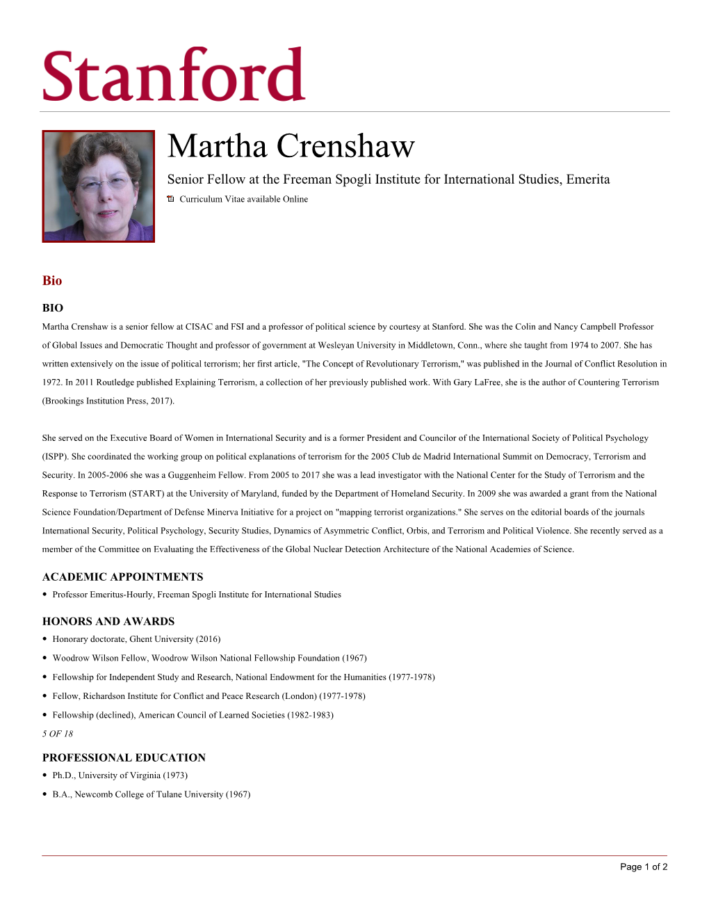 Martha Crenshaw Senior Fellow at the Freeman Spogli Institute for International Studies, Emerita Curriculum Vitae Available Online