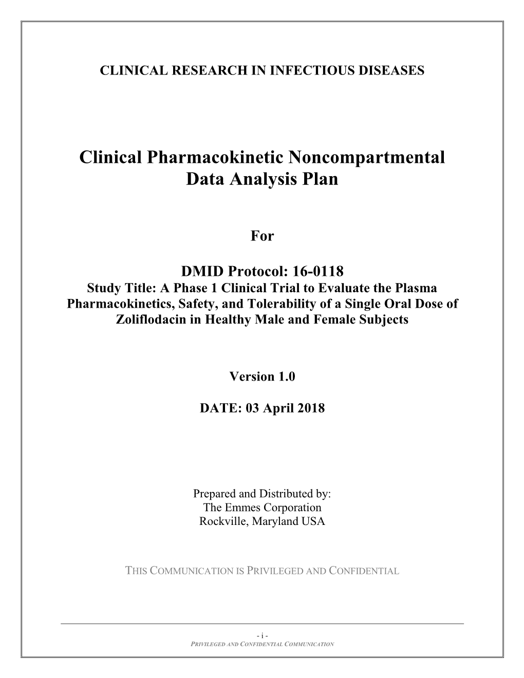 Clinical Pharmacokinetic Noncompartmental Data Analysis Plan