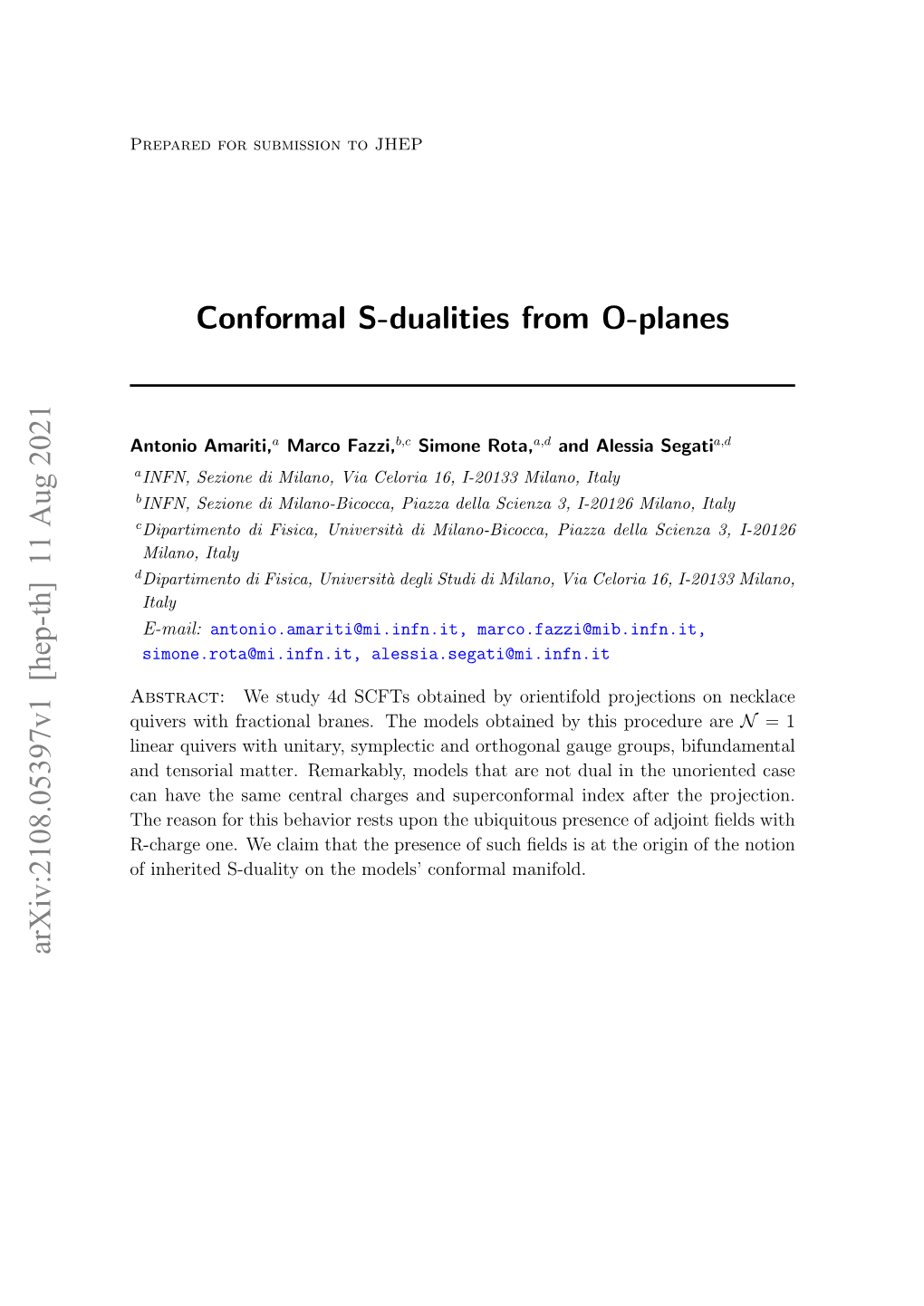 Conformal S-Dualities from O-Planes Arxiv:2108.05397V1 [Hep-Th] 11