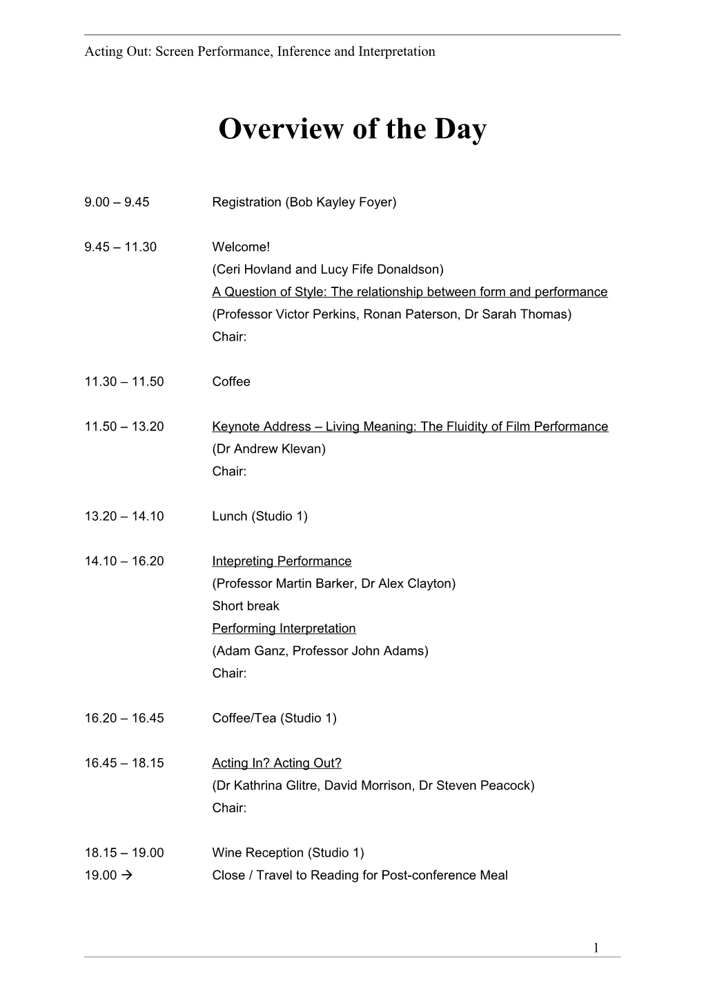 Acting Out: Screen Performance, Inference and Interpretation