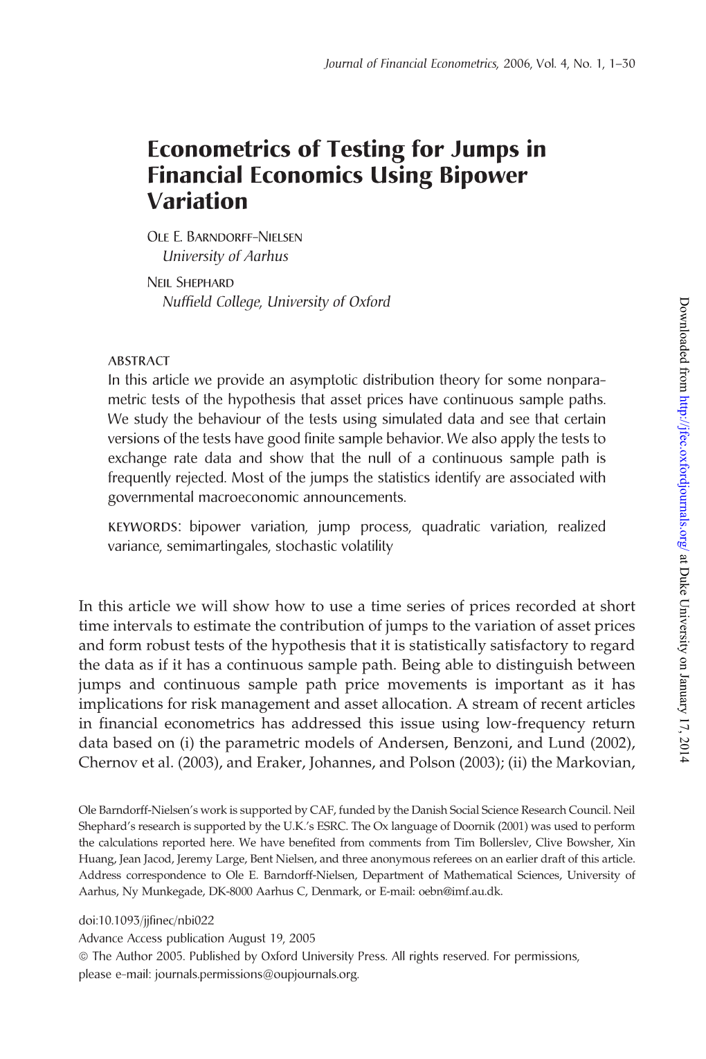 Econometrics of Testing for Jumps in Financial Economics Using Bipower Variation Ole E